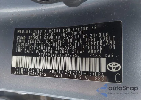 2020 Toyota Corolla Le из США, поврежденный, VIN 5YFEPRAE2LP077852